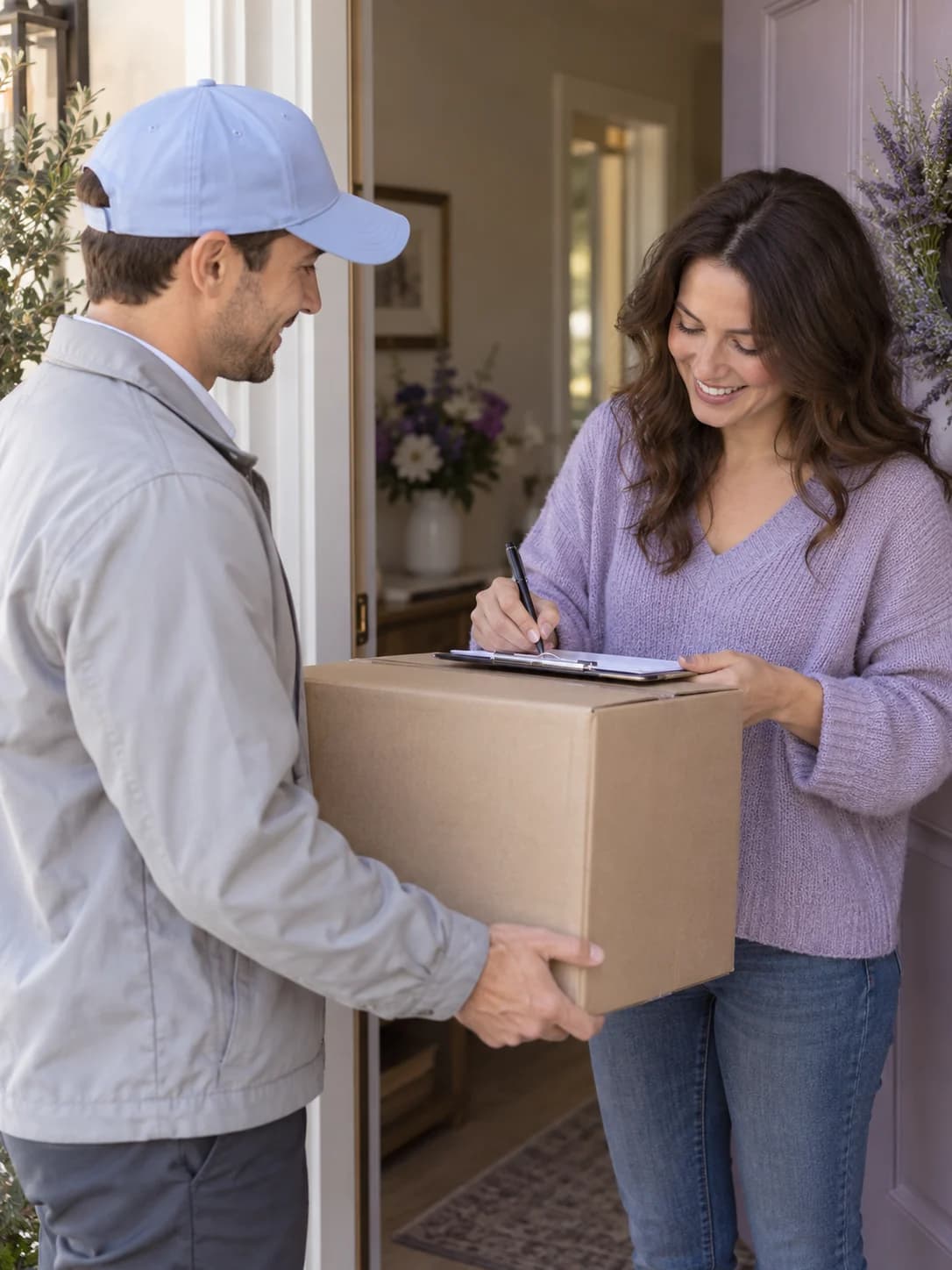 A courier delivering a box of craft materials to a customer's home